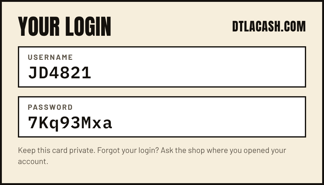 Back of a Big Win Cash card showing a username and a password